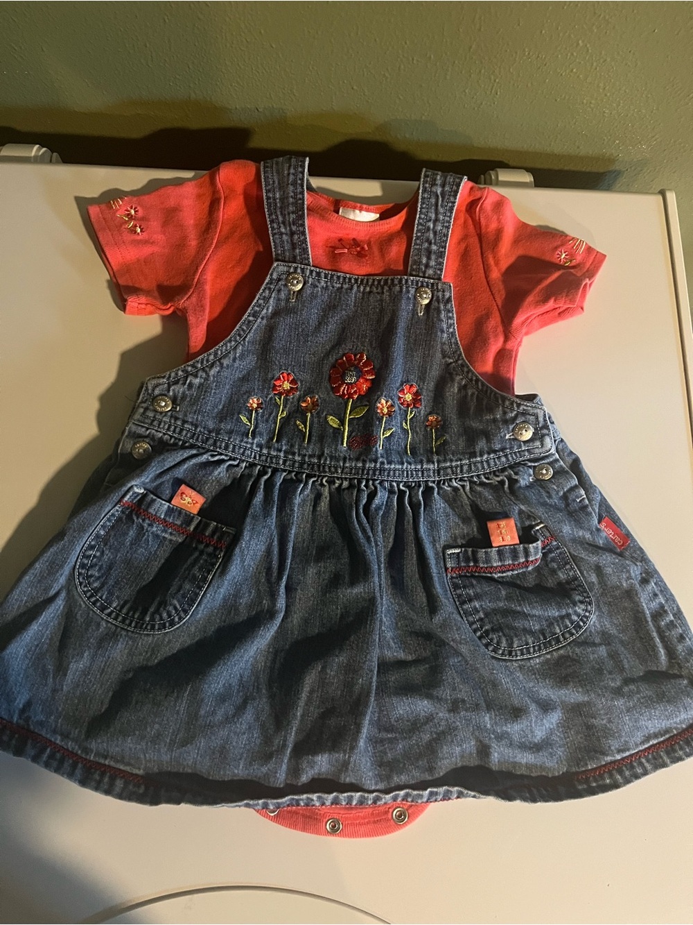 Denim Floral Embroidered Overall Dress with Coral Bodysuit - Carters kids